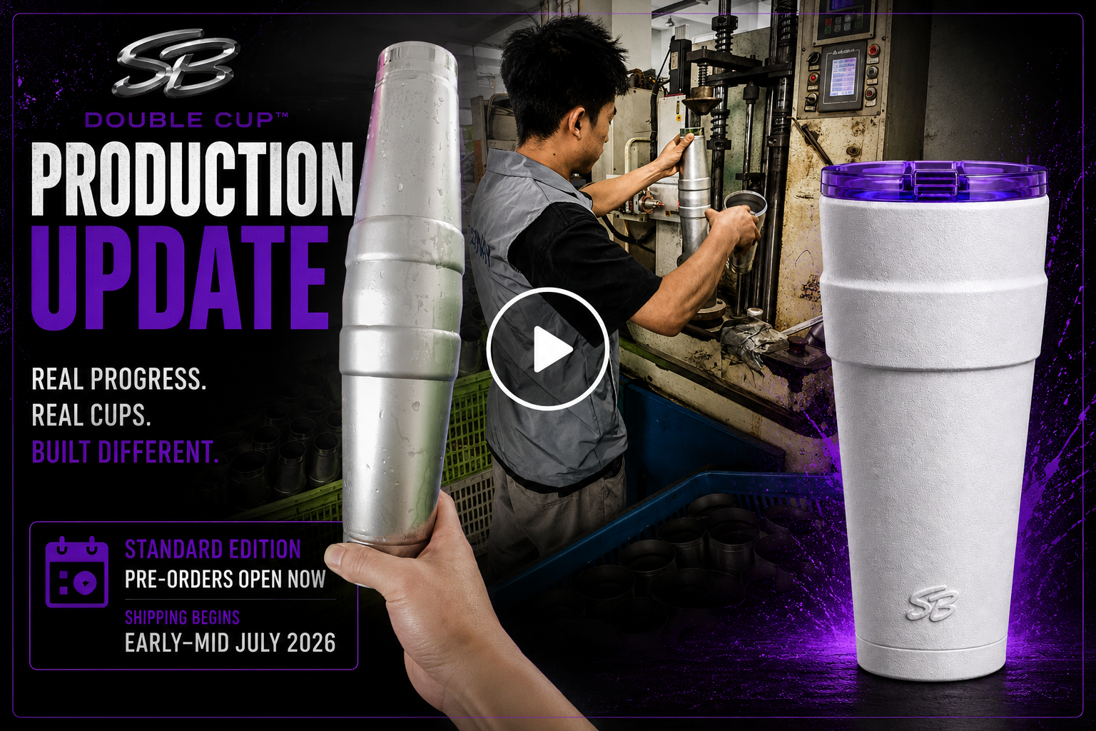 Double Cup production update banner linking to a factory video