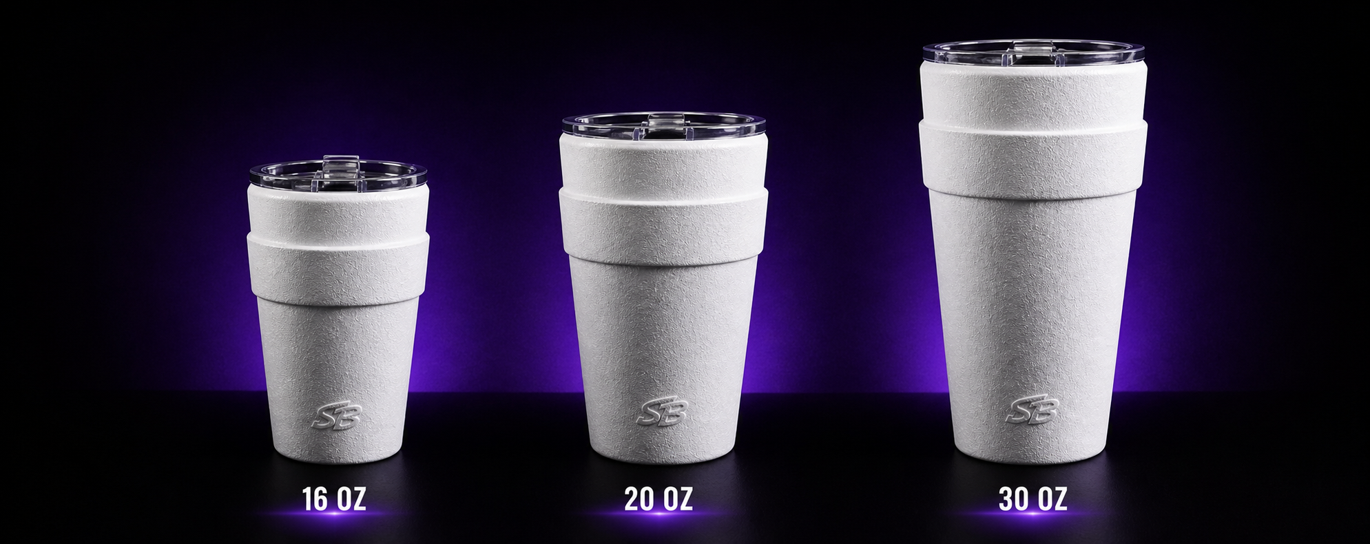 Three Double Cup tumblers in 16 ounce, 20 ounce, and 30 ounce sizes